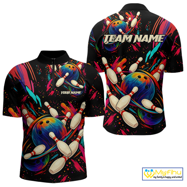 Colorful Watercolor bowling ball and pins Team jerseys Custom Men bowling Polo, Quarter Zip Shirt NQS9833