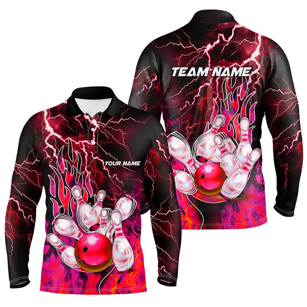 Men Bowling Polo, 1/4 Zip Shirt Custom red lightning thunder Bowling Team Jersey, gift for Bowlers NQS8175