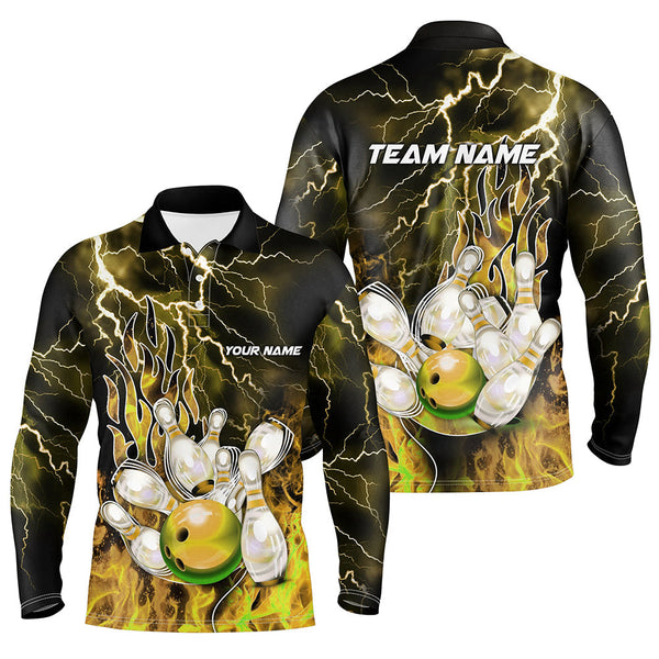 Men Bowling Polo, 1/4 Zip Shirt Custom yellow lightning thunder Bowling Team Jersey, gift for Bowlers NQS8176