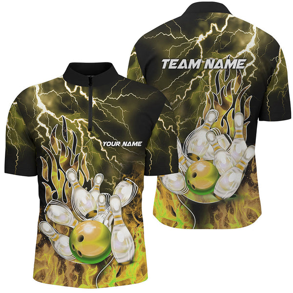 Men Bowling Polo, 1/4 Zip Shirt Custom yellow lightning thunder Bowling Team Jersey, gift for Bowlers NQS8176