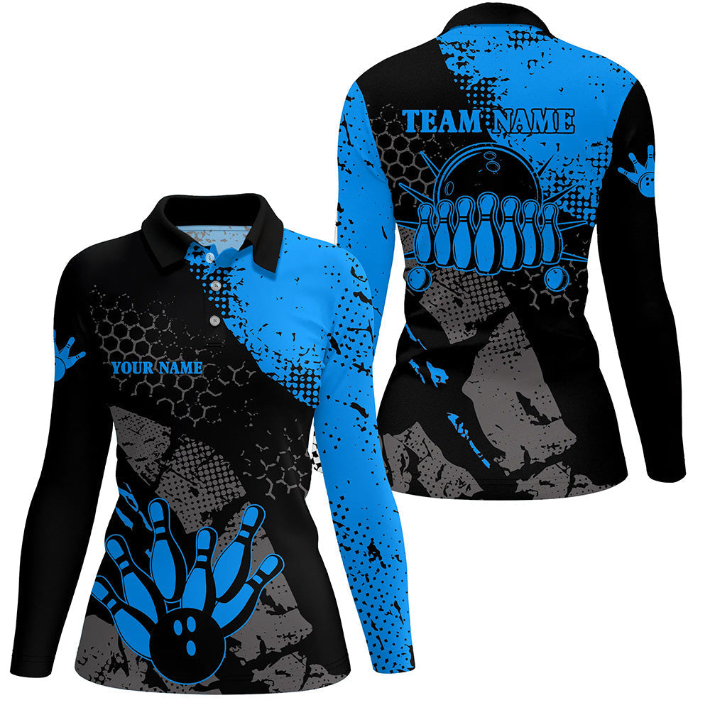 Black and blue Women bowling polo shirts Custom retro bowling ball pins bowling team league jerseys NQS6314