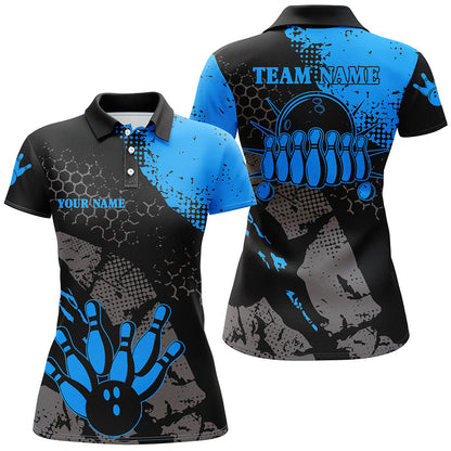 Black and blue Women bowling polo shirts Custom retro bowling ball pins bowling team league jerseys NQS6314