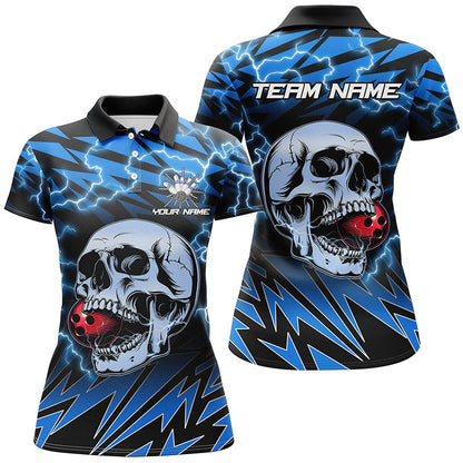 Women bowling polo shirts Custom blue lightning thunder Skull Bowling Team Jersey, gift for Bowlers NQS7420