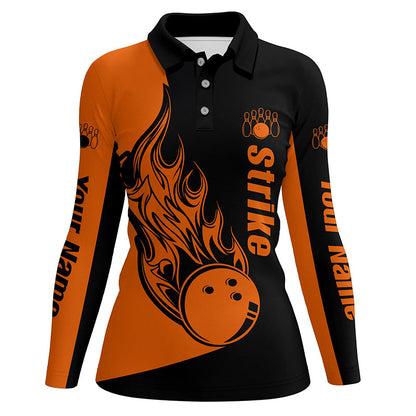 Custom Black and Orange Bowling polos Shirts For Women, Bowling Team Shirts Bowling Strike NQS5661