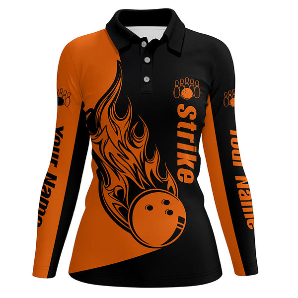 Custom Black and Orange Bowling polos Shirts For Women, Bowling Team Shirts Bowling Strike NQS5661