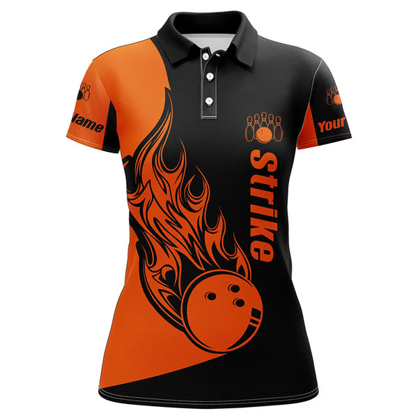 Custom Black and Orange Bowling polos Shirts For Women, Bowling Team Shirts Bowling Strike NQS5661