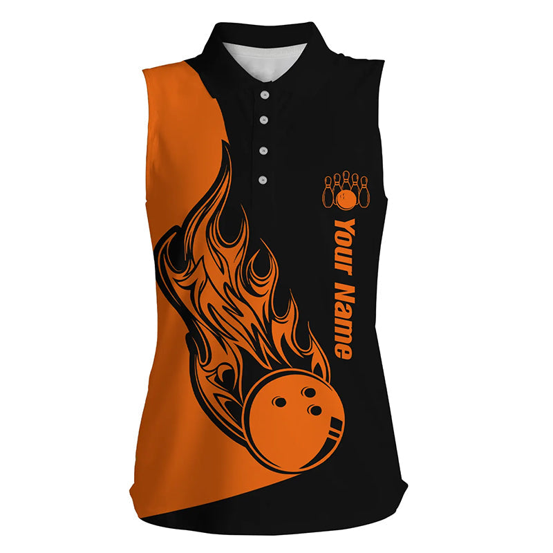 Custom Black and Orange Bowling sleeveless polo Shirts For Women, Bowling Team Shirts Bowling Strike NQS5661