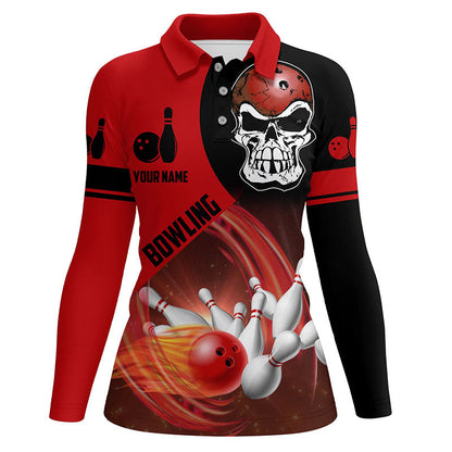 Red and black Bowling ball and pins Women polo shirts custom skull Bowling Team Jerseys NQS6082