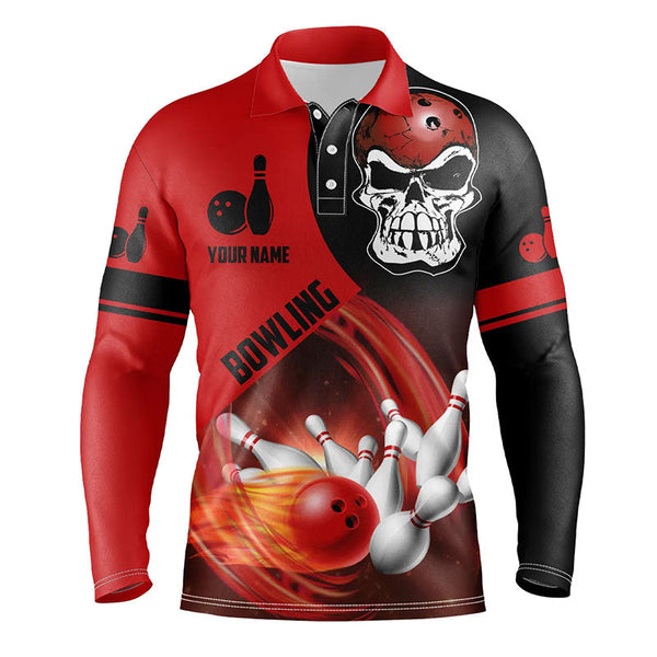 Red and black Bowling ball and pins Mens bowling polo shirts custom skull Bowling Team Jerseys NQS6082