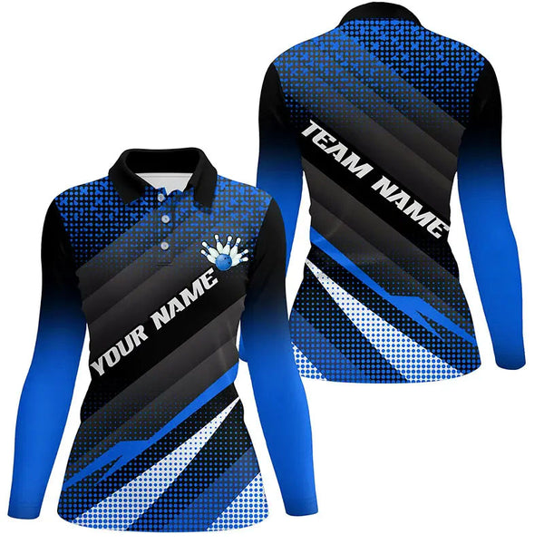 Blue Bowling Custom Women Bowling Polo, Quarter zip Shirts Bowling Team Jerseys Bowling Tournament NQS8884