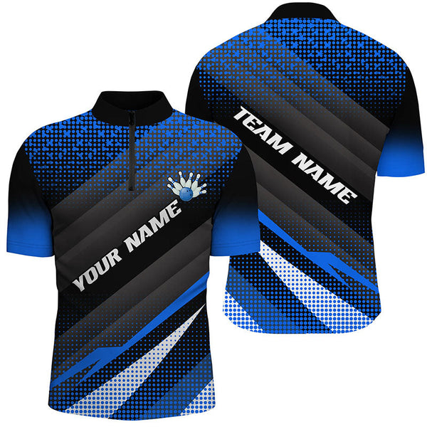 Blue Bowling Custom Men Bowling Polo, Quarter zip Shirts Bowling Team Jerseys Bowling Tournament NQS8884