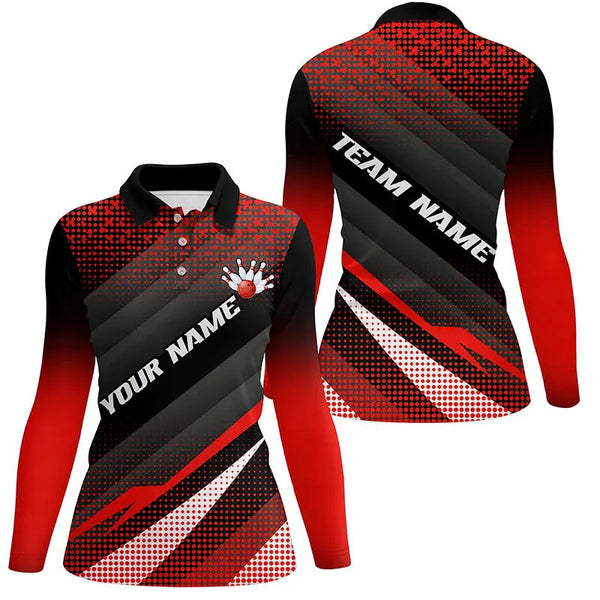 Red Bowling Custom Women Bowling Polo, Quarter zip Shirts Bowling Team Jerseys Bowling Tournament NQS8885