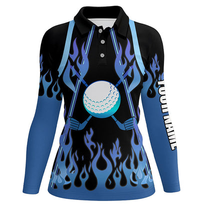 Women golf polo shirts blue fire pattern golf clubs shirt for ladies, personalized golf gifts NQS6994