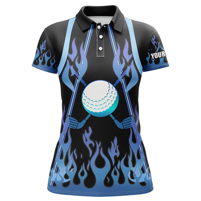 Women golf polo shirts blue fire pattern golf clubs shirt for ladies, personalized golf gifts NQS6994