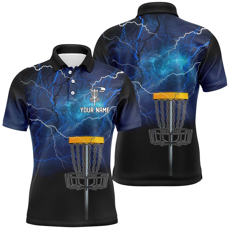 Mens disc golf polo shirt custom blue lightning thunder disc golf shirt, mens disc golf tops NQS7142