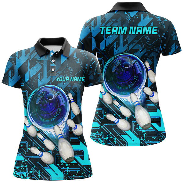 Women bowling polo shirts Custom blue abstract Bowling Team league Jerseys, gifts for bowlers NQS7247