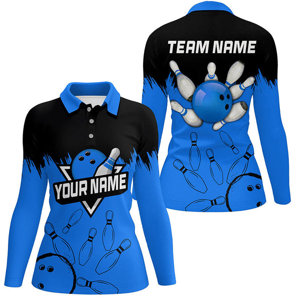 Women bowling polo shirts Custom black and blue Bowling Team league Jerseys, gifts for bowlers NQS7248