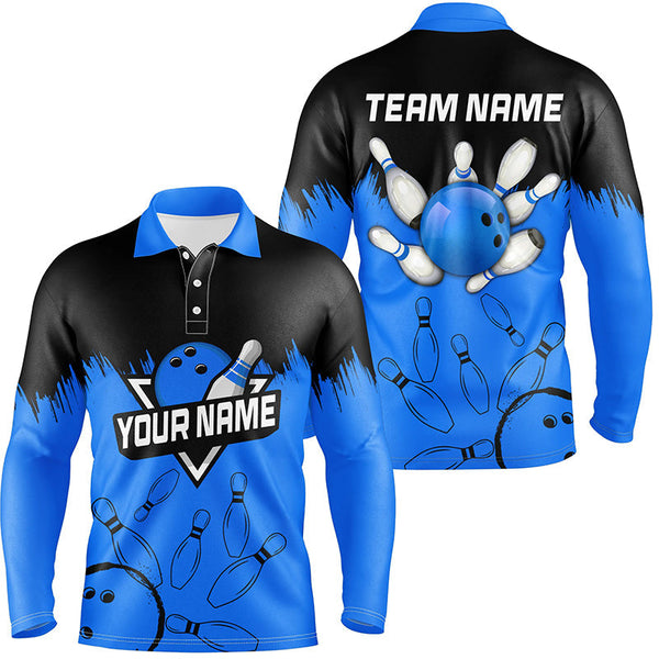 Mens Bowling polo shirts Custom black and blue Bowling Team league Jerseys, bowling gifts for bowlers NQS7248