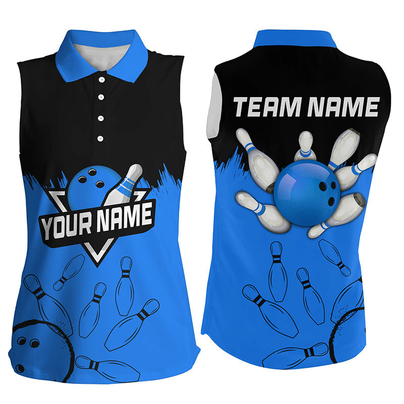 Women sleeveless polo shirts Custom black and blue Bowling Team league Jerseys, gifts for bowlers NQS7248