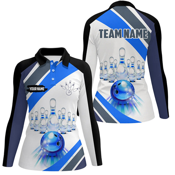 Blue Light Bowling Polo, Quarter Zip Shirt for Women Custom Bowling ball and pins Team League Jerseys NQS7586