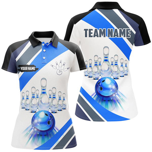 Blue Light Bowling Polo, Quarter Zip Shirt for Women Custom Bowling ball and pins Team League Jerseys NQS7586