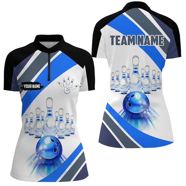 Blue Light Bowling Polo, Quarter Zip Shirt for Women Custom Bowling ball and pins Team League Jerseys NQS7586