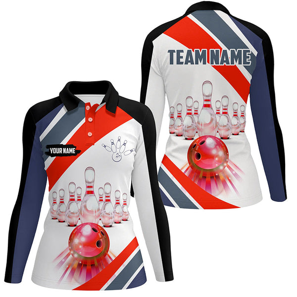 Red Light Bowling Polo, Quarter Zip Shirt for Women Custom Bowling ball and pins Team League Jerseys NQS7587