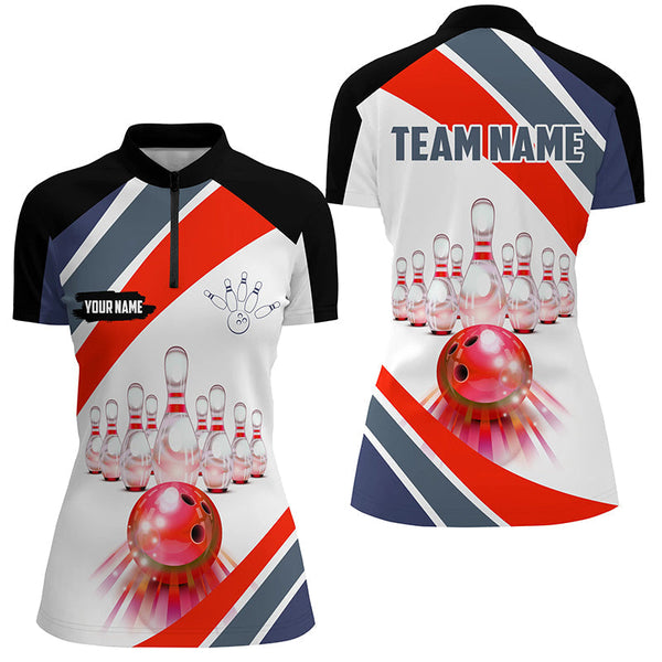 Red Light Bowling Polo, Quarter Zip Shirt for Women Custom Bowling ball and pins Team League Jerseys NQS7587