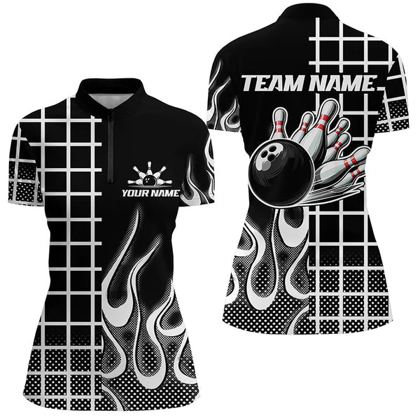 Black and white retro Bowling Polo, Quarter Zip Shirt for Women Custom Bowling Team League Jerseys NQS7588