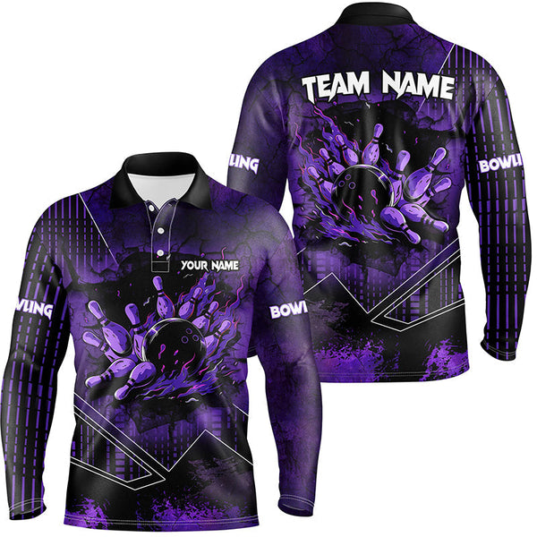 Purple grunge flame bowling ball pins Men Bowling Polo, Quarter zip shirt custom bowling Team jerseys NQS8203