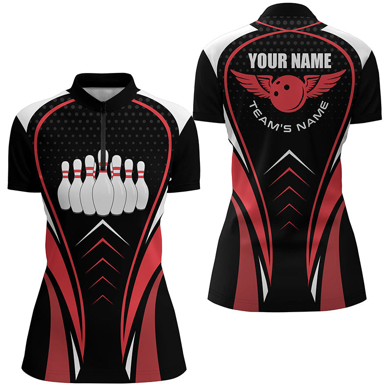 Red white black Bowling Shirts For Women Team League Jersey Custom patriot Bowling Quarter Zip Shirt NQS6539