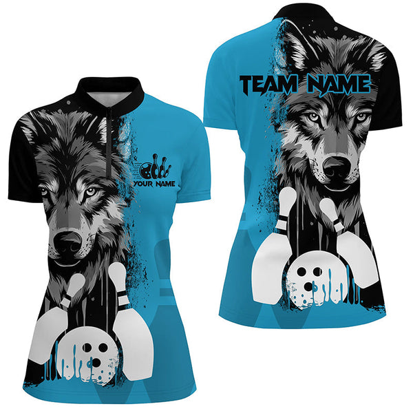 Black and Blue Wolf Bowling Polo, Quarter Zip Shirts For Women Custom Bowling Team League Jerseys NQS8642