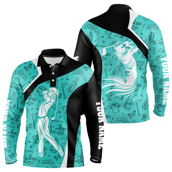 Cyan Blue golf pattern Mens Golf Polo Shirts Custom Golf attire for men personalized golf gifts NQS9124