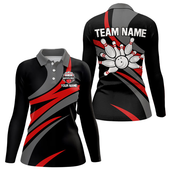 Red and Black Bowling Polo, Quarter Zip Shirts For Women Custom Bowling Team Jersey, Gift For Bowlers NQS9125