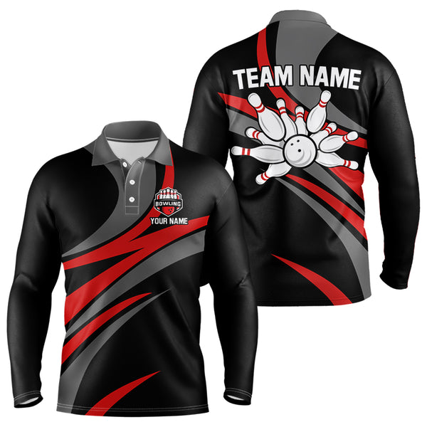 Red and Black Bowling Polo, Quarter Zip Shirts For Men Custom Bowling Team Jersey, Gift For Bowlers NQS9125