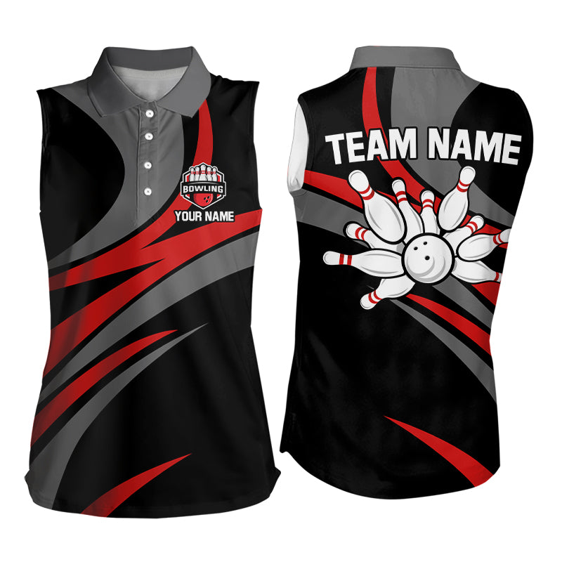 Red and Black Bowling Sleeveless Polo Shirts Custom Bowling Team Jersey, Gift For Bowlers NQS9125