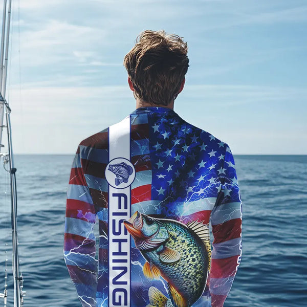 American flag Crappie lightning Long Sleeve Fishing Shirts custom Patriotic Crappie fishing jerseys NQS9472