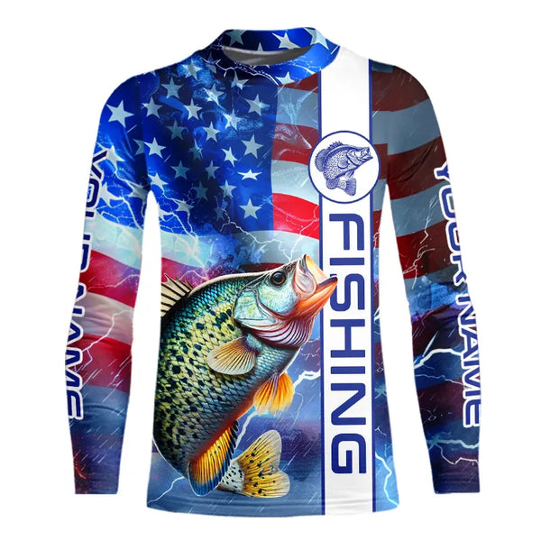 American flag Crappie lightning Long Sleeve Fishing Shirts custom Patriotic Crappie fishing jerseys NQS9472