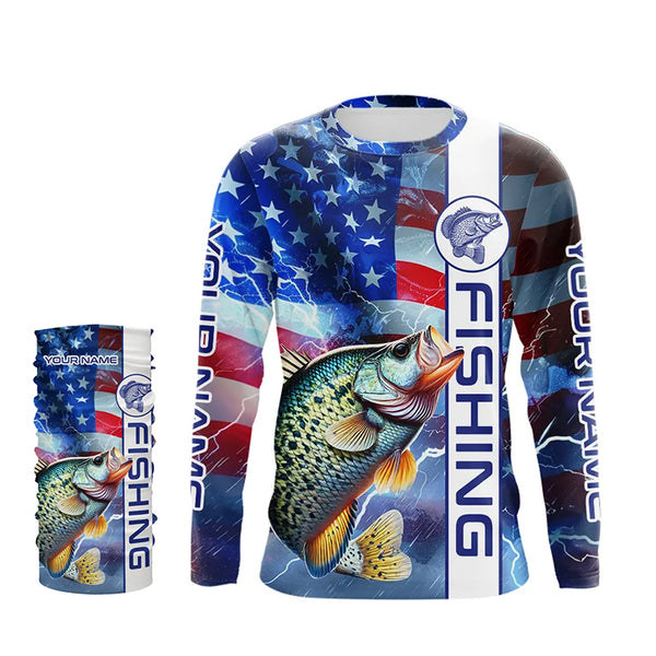 American flag Crappie lightning Long Sleeve Fishing Shirts custom Patriotic Crappie fishing jerseys NQS9472
