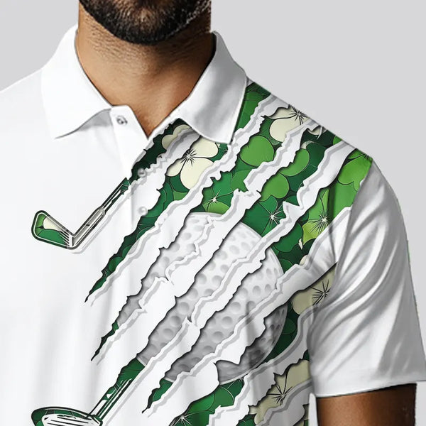 Green shamrock pattern White Mens Golf Polo Shirt Custom golf clubs St Patrick day golf attire for men NQS9476