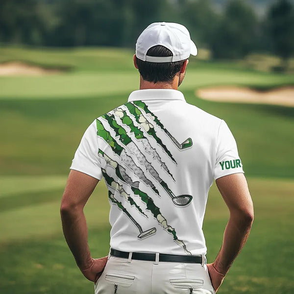 Green shamrock pattern White Mens Golf Polo Shirt Custom golf clubs St Patrick day golf attire for men NQS9476