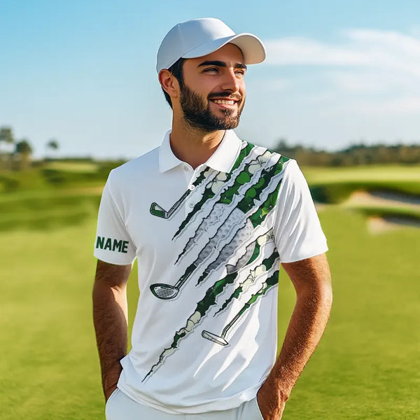 Green shamrock pattern White Mens Golf Polo Shirt Custom golf clubs St Patrick day golf attire for men NQS9476
