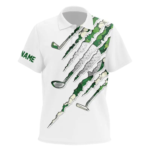 Green shamrock pattern White Kid golf polo shirt Custom golf clubs St Patrick day Kid golf attire NQS9476