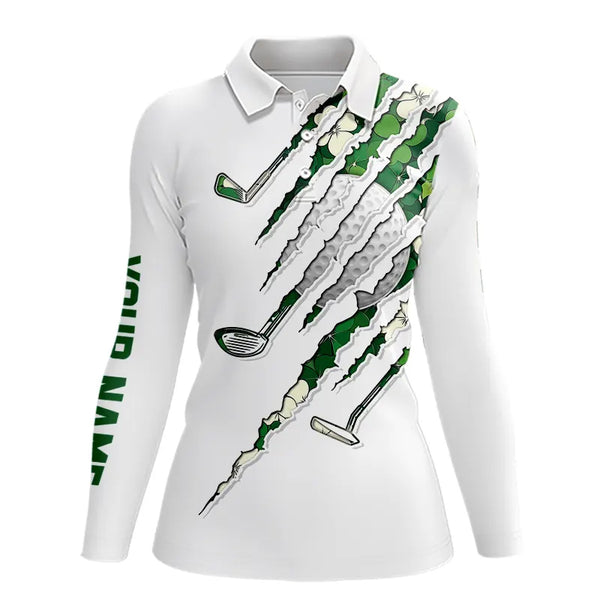 Green shamrock pattern White Women Golf Polo Shirt Custom golf clubs St Patrick day ladies golf attire NQS9476