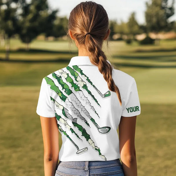 Green shamrock pattern White Women Golf Polo Shirt Custom golf clubs St Patrick day ladies golf attire NQS9476