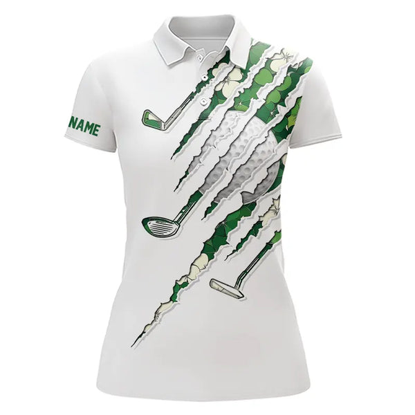 Green shamrock pattern White Women Golf Polo Shirt Custom golf clubs St Patrick day ladies golf attire NQS9476