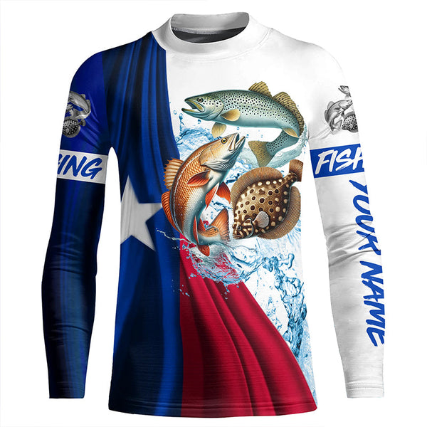 Texas slam flag patriotic redfish, trout, flounder fishing Custom Name 3D UV Protection Fishing Shirts NQS5172