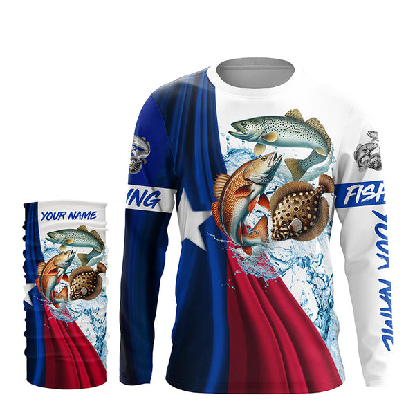 Texas slam flag patriotic redfish, trout, flounder fishing Custom Name 3D UV Protection Fishing Shirts NQS5172