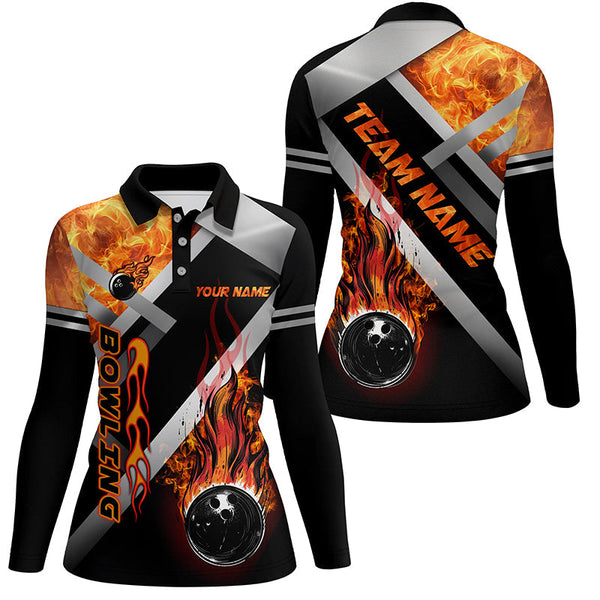 Women bowling polo shirts Custom Black bowling ball Flame Bowling Team Jerseys, gift for Bowlers NQS7432