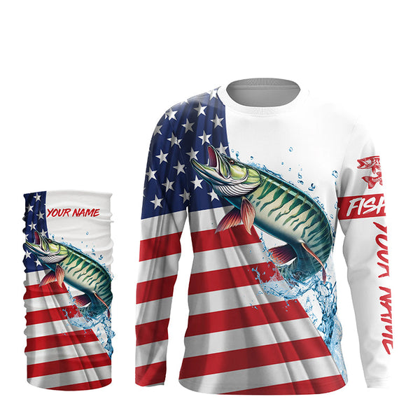 American flag patriotic Musky fishing Custom Name UV Protection long sleeve Fishing Shirts for men NQS5416